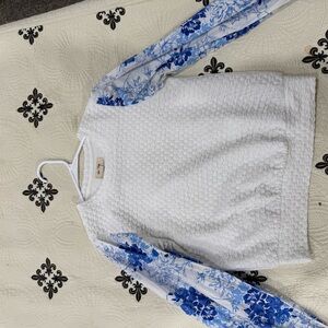 Anthropologie White Blouse with Blue Floral Sleeves